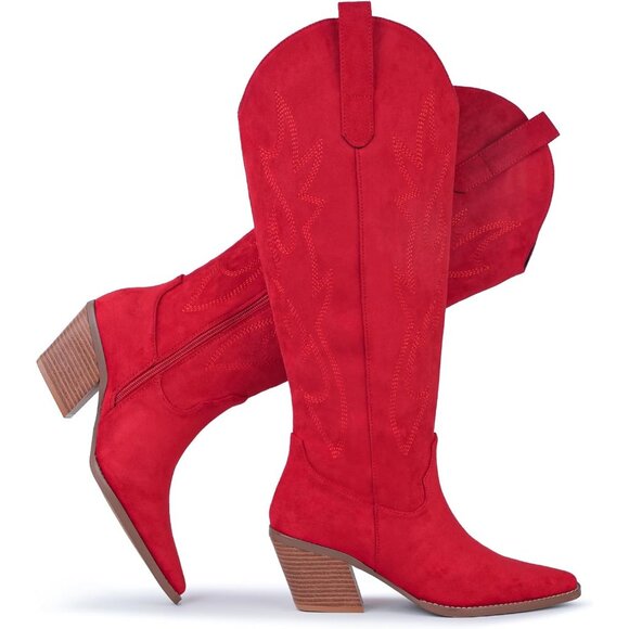 ⚡Women's Red Cowgirl Boot Embroidered Knee High Boot Pointed Toe Block Heel - Picture 5 of 6